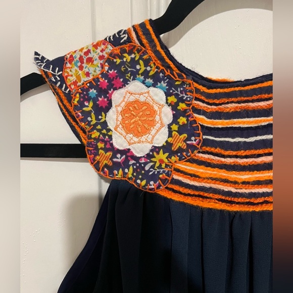 Judith March Anthropologie Navy Dress w/ Patchwork & Yarn Collar Sz Small - Picture 5 of 16